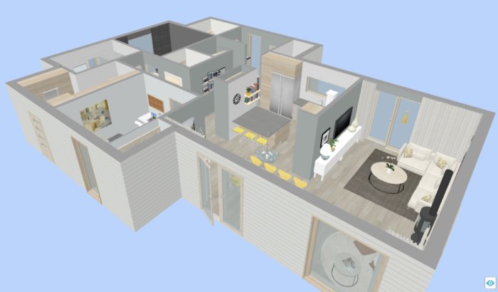 3D-modell av en planlösning visar förbättrad rumsindelning med bredare passager och större fönster.