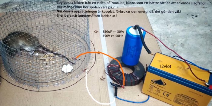 Elektrisk fälla för gnagare med spole, kondensator och 12V batteri på kartonggolv.