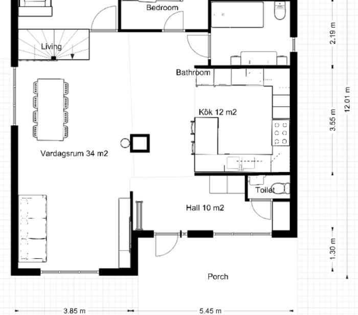 Planritning av en bostad med markerat arbetskök på 12 m2 i en öppen planlösning.