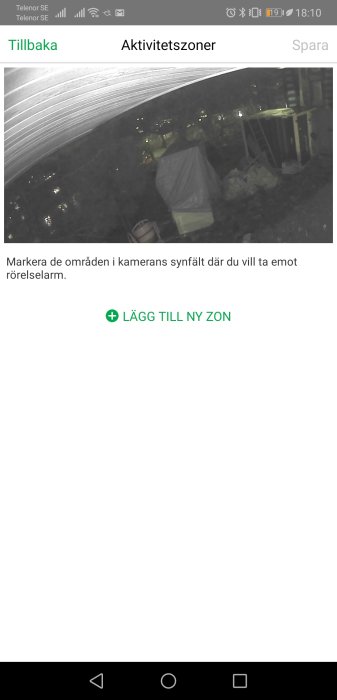 Kameraövervakningsskärm med problem att skapa aktivitetszon, visar ena hörnet på nattbild.