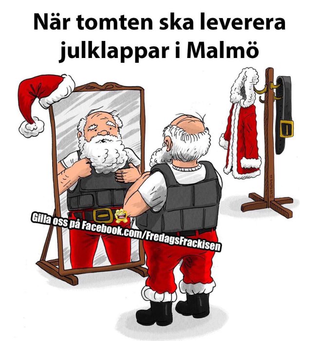 Illustration av en jultomte som ikläder sig en skottsäker väst framför en spegel.