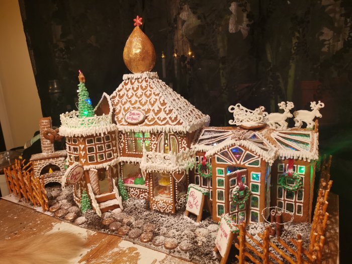 Detaljrikt pepparkakshus formad som ett bageri, med konstgjord snö, glittrande dekorationer och belysning.