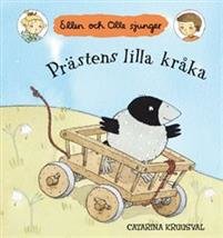 Illustration av en kråka i en skrinda från boken "Prästens lilla kråka".