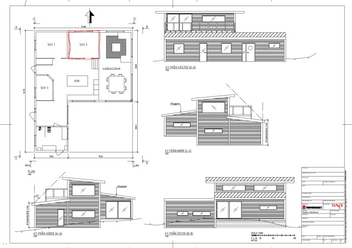 Arkitektritningar av ett hus med planlösning och olika vyer, röd markering visar framtida köksplacering med loft.