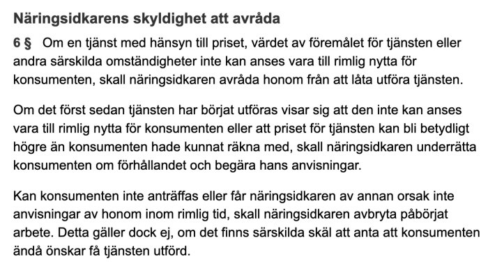 En bild av textavsnitt ur lagen som diskuterar näringsidkarens skyldighet att avråda från en tjänst enligt KtjL.