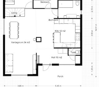 Arkitektritning av en lägenhetsplanlösning som visar kökets placering nära vardagsrum och matplats, med mått angivna.