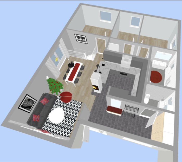 3D-planlösning av hus med kök centralt placerat, matplats och vardagsrum runt omkring.