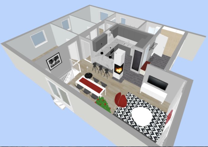 3D-planlösning som visar ett centralt placerat kök nära matplatsen med naturligt ljus, vardagsrum och öppen spis.