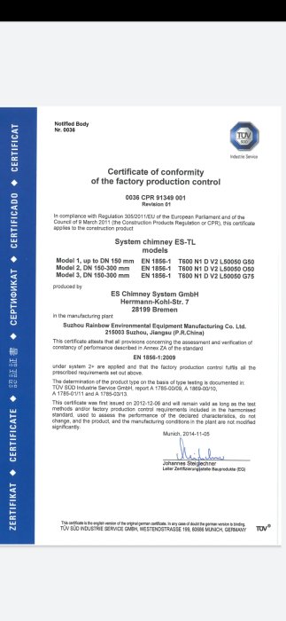 Certifikat för överensstämmelse av fabriksproduktionskontroll för ES-TL skorstensmodeller enligt EN 1856-1 standard.