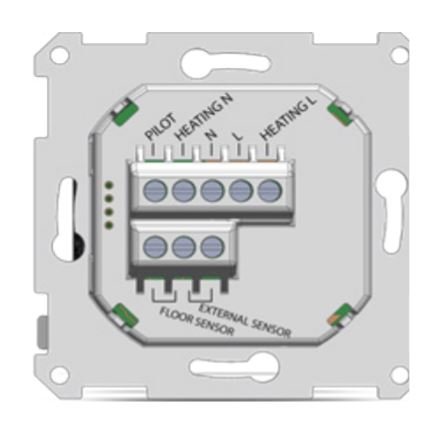 Värmeregulatorsanslutning med märkta terminaler för pilot, värmeslinga och extern golvsensor.