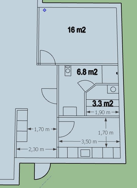 Översiktlig planritning av en bostad med mått, inklusive ett större rum på 16 m², och angränsande kök och badrum.