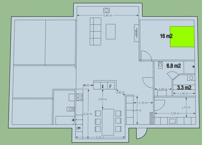 Översiktsplan av ett hus med uppmätta rum inklusive ett 5,40 m vardagsrum och ett breddat kök.