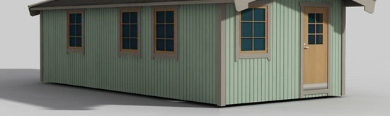 Digital rendering av ett litet trähus med fasadpaneler och fönster.