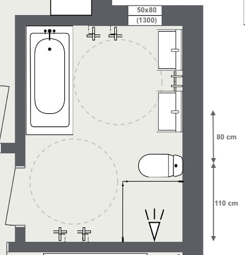 3D planlösning av ett badrum med badkar, dubbla handfat och dimensioner, utan högskåp.