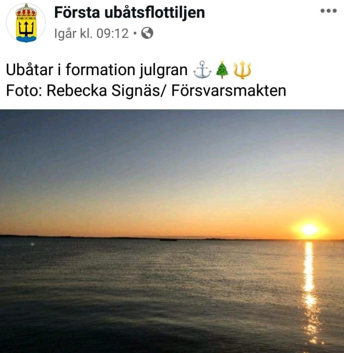 Utsikt över hav vid solnedgång med ubåtar i julgransformation i horisonten.