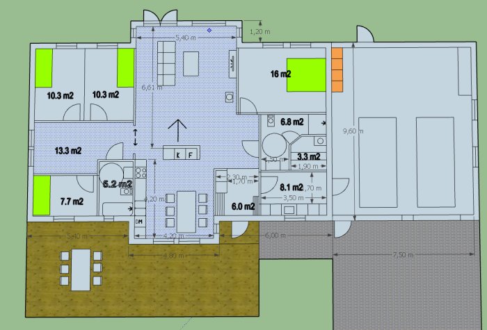 Planlösning av hus med utmärkta rum och mått, inklusive cirkelmarkeringar i badrummen.