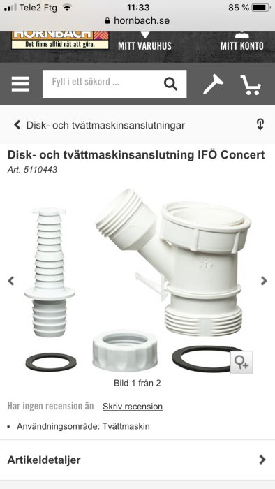 Vit plast VVS-anslutning för disk- och tvättmaskin, visad på webbsida med artikelnr och beskrivning.