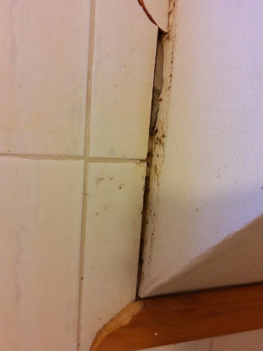 Springor mellan kakel och dörrkarm i badrum, möjligt behov av våtrumssilikon.