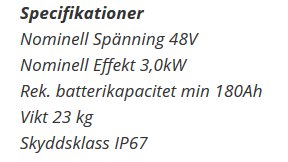 Specifikationer för en elektrisk motor inklusive spänning, effekt, batterikapacitet, vikt och skyddsklass.