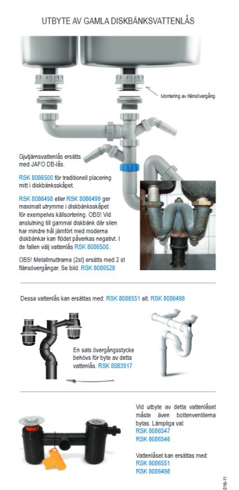 Illustration av utbyte av gamla diskbänksvattenlås med olika delar och RSK-nummer beskrivet för en byggforumdiskussion.