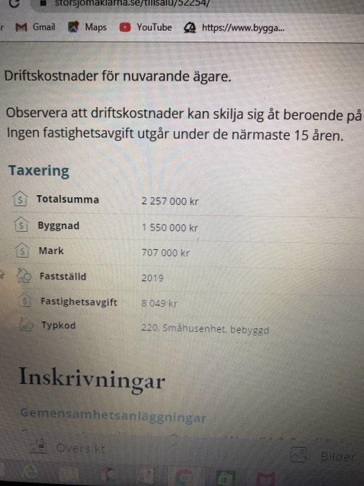 Skärmdump av taxeringsinformation för en fastighet med taxeringsvärde och driftskostnader.