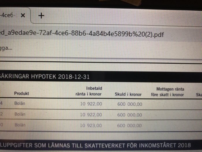 Skärmbild av lånedokumentation som visar flera bolån på 1,8 miljoner kronor utan amortering.