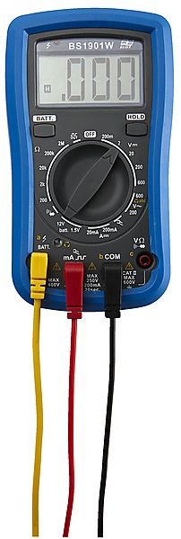 Digital multimeter med anslutna mätprober och displayen visar 0.00W.
