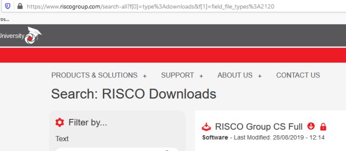 Skärmdump av RISCO Groups nedladdningssida för Configuration Software.