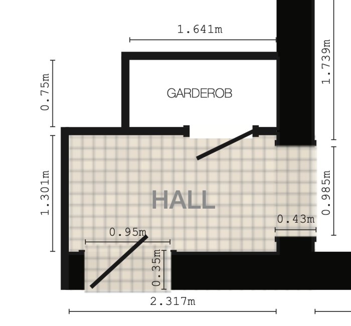 Arkitektonisk ritning av en hall med angivna mått och markerad garderob, skisserad med proportionerliga plattstorlekar.