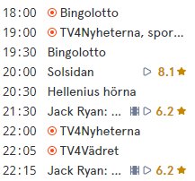 TV-tablå med tider och namn på program som Bingolotto och Jack Ryan, inkluderar betyg och ikoner för nyheter och väder.