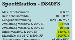 Specifikationstabell för Woods DS40FS avfuktare med detaljer om arbetsområde, luftflöde och avfuktningseffekt.