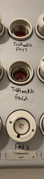 Eluttag och proppskåp med märkning för tre faser, nolla, och jord vid installation av tvättmaskin och torktumlare.