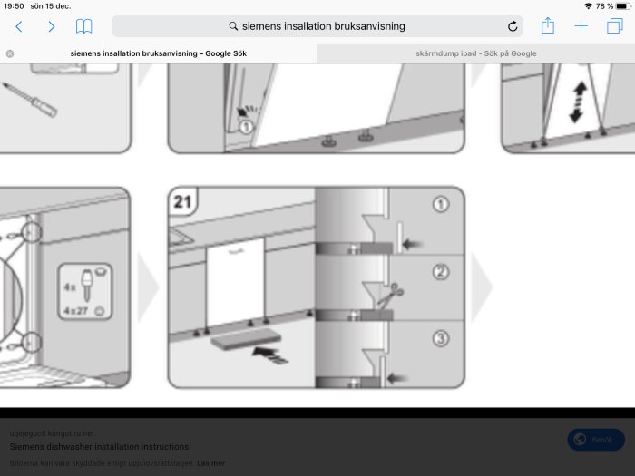 Illustrationer av steg-för-steg instruktioner för installation av diskmaskin.