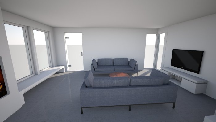 3D-rendering av ett minimalistiskt vardagsrum med soffa, tvbänk och fönsterbänk vid brasan.