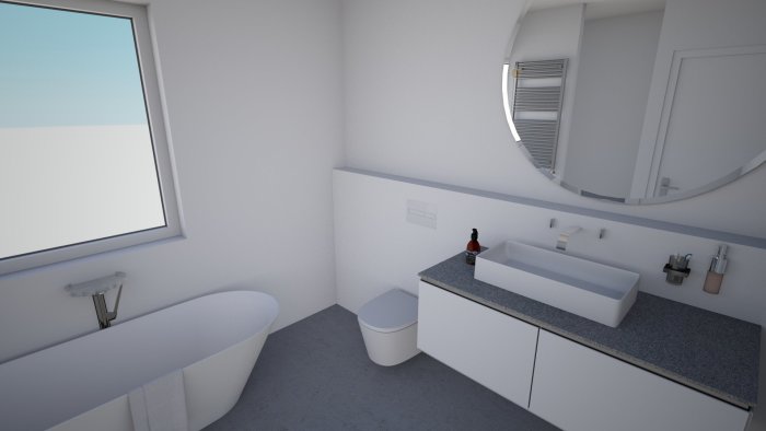 3D-rendering av ett minimalistiskt badrum med fönster, badkar, toalett och handfat med stor spegel.