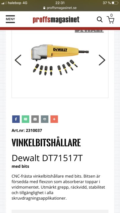 DeWalt vinkelbitshållare med flera olika bits utspridda framför på en onlinebutikssida.