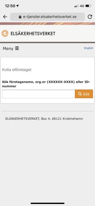 Skärmdump av Elsäkerhetsverkets sökfunktion för att kolla elföretag med fält för företagsnamn eller org.nr.