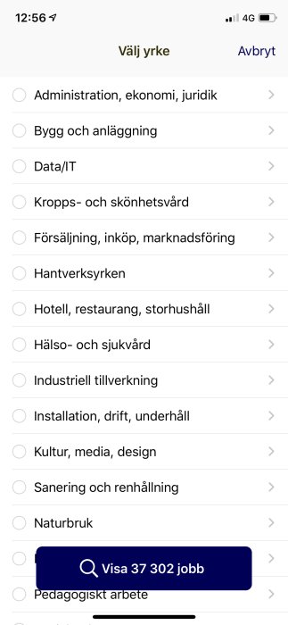 Skärmdump av en jobbsökapp med yrkeskategorierna 'Bygg och anläggning', 'Installation, drift, underhåll' markerade.