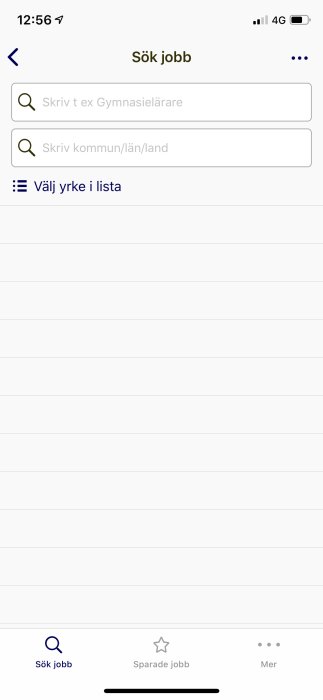 Skärmdump av ett jobbsökningsinterface med alternativ för att skriva in yrke och kommun/län/land.