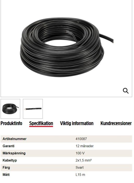 Rulle med RKUB-kabel 2x1,5 mm² i svart, 15 meter lång för inomhusbruk.