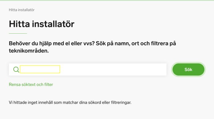 Skärmdump av sökfunktionen på en tjänst för att hitta installatörer, visar noll resultat för en sökning.