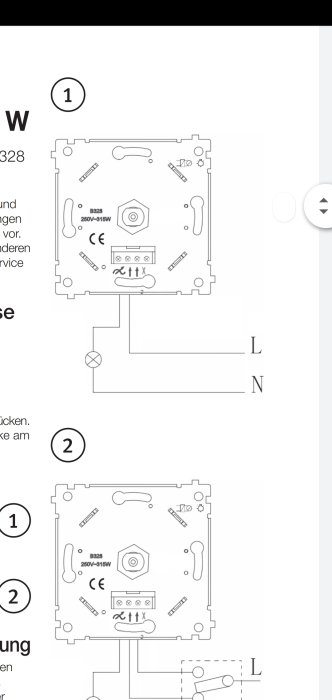 Schematisk illustration av elinstallation för två strömbrytare med märkning för nolla och fas.