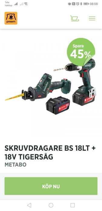 Metabo skruvdragare och tigersåg med två 4Ah batterier, erbjudande med 45% rabatt.