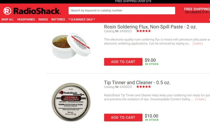 Produktbilder av Rosin Soldering Flux och Tip Tinner and Cleaner från RadioShack.