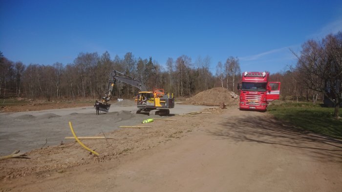 Byggarbetsplats med grävmaskin, hjullastare och lastbil, stora högar av jord och sand, omgivna av träd.