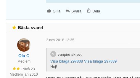 Skärmdump från ett forum inlägg märkt med "Bästa svaret" och en användarprofil med namnet Ola C.