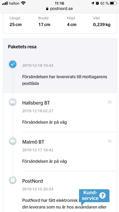 Skärmdump av spårningsinformation för en försändelse på PostNords webbplats.
