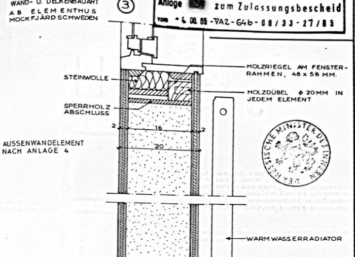 Arkitektritning av en väggsektion för ett AB Elementhus, inklusive detaljer för fensterram och isoleringsmaterial.