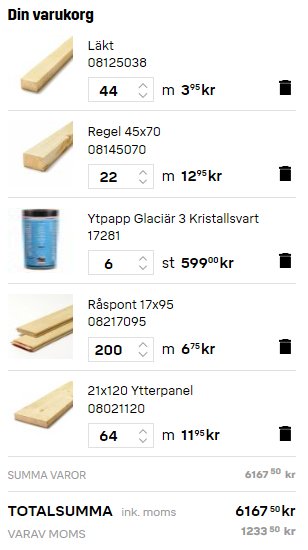 Skärmdump från en varukorg med byggmaterial inklusive Läkt, Regel, Ytterpanel och Ytapp, med totalt pris 6167,50 kr exklusive skruv och spik.