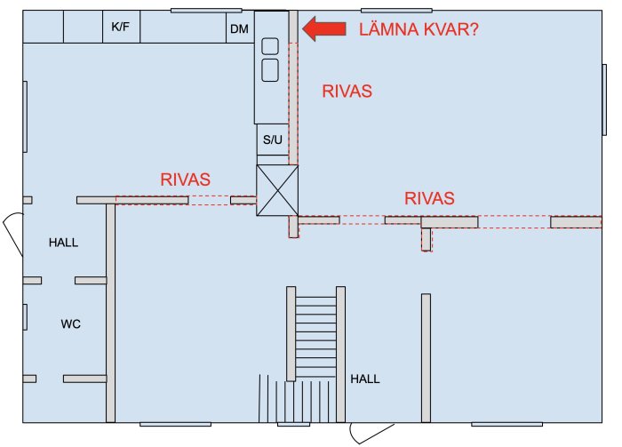 Ritning av husplan med markerade väggar som ska rivas och frågetecken vid en vägg.